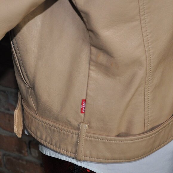 Levi's Red Tab Faux Leather Belted Motorcycle Moto Jacket Biscotti L - Picture 8 of 13